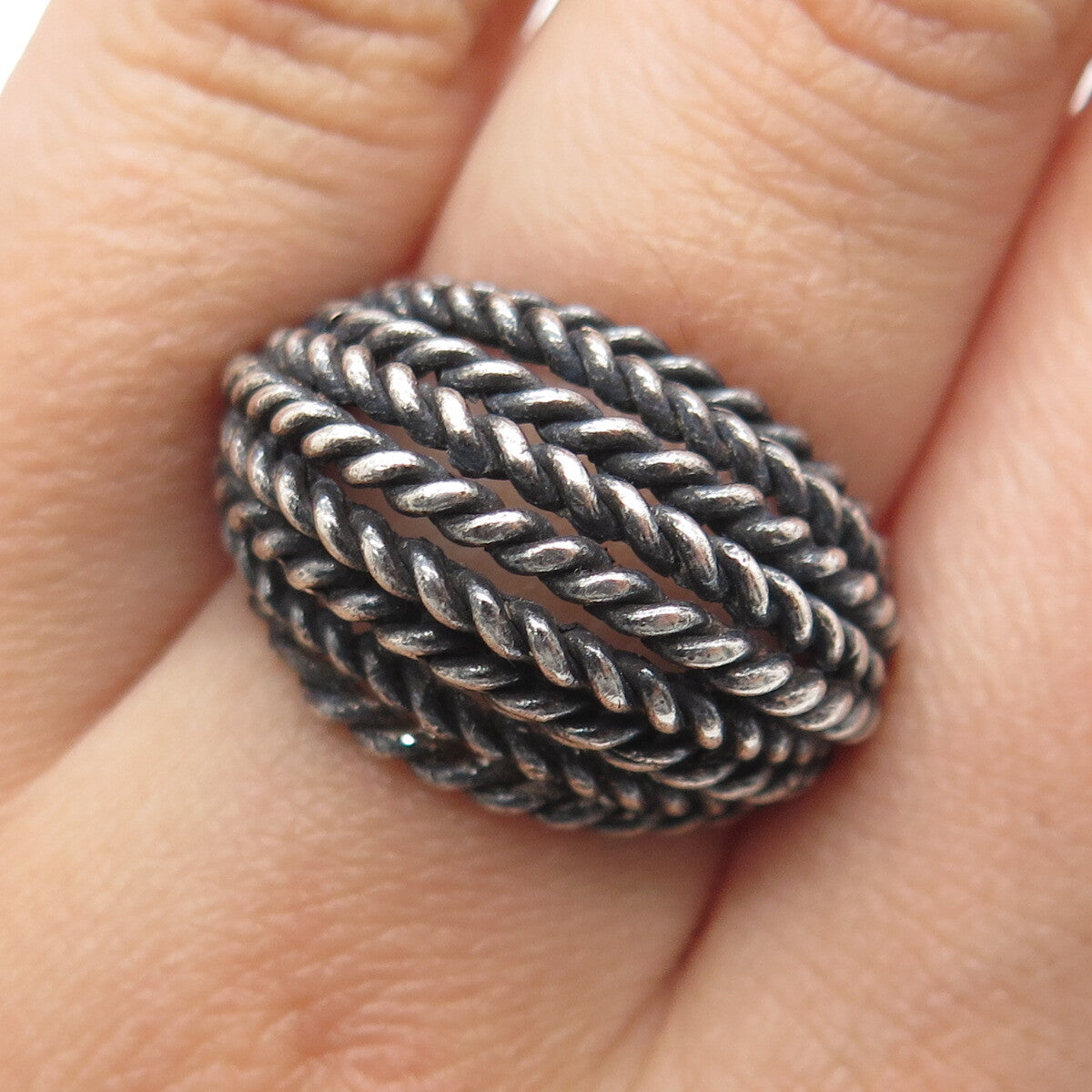 925 Sterling Silver Vintage Twisted Multi-Row Oxidized Dome Ring Size 6.75