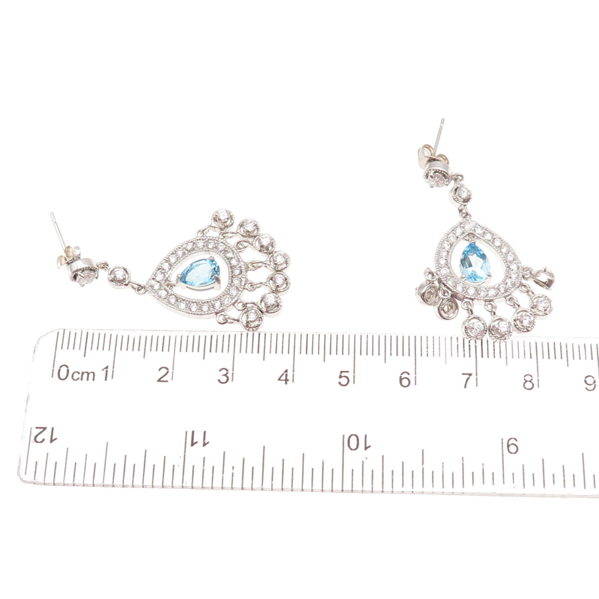 925 Sterling Silver Real Pear-Cut Blue Topaz & C Z Dangle Earrings