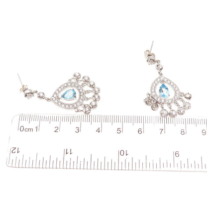 925 Sterling Silver Real Pear-Cut Blue Topaz & C Z Dangle Earrings