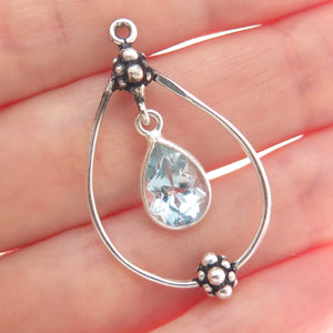 925 Sterling Silver Vintage Real Blue Topaz Granulated Teardrop Pendant