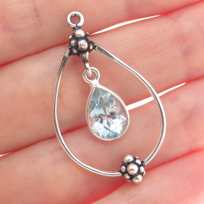 925 Sterling Silver Vintage Real Blue Topaz Granulated Teardrop Pendant