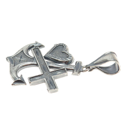 925 Sterling Silver Vintage Anchor Cross & Heart Oxidized Pendant