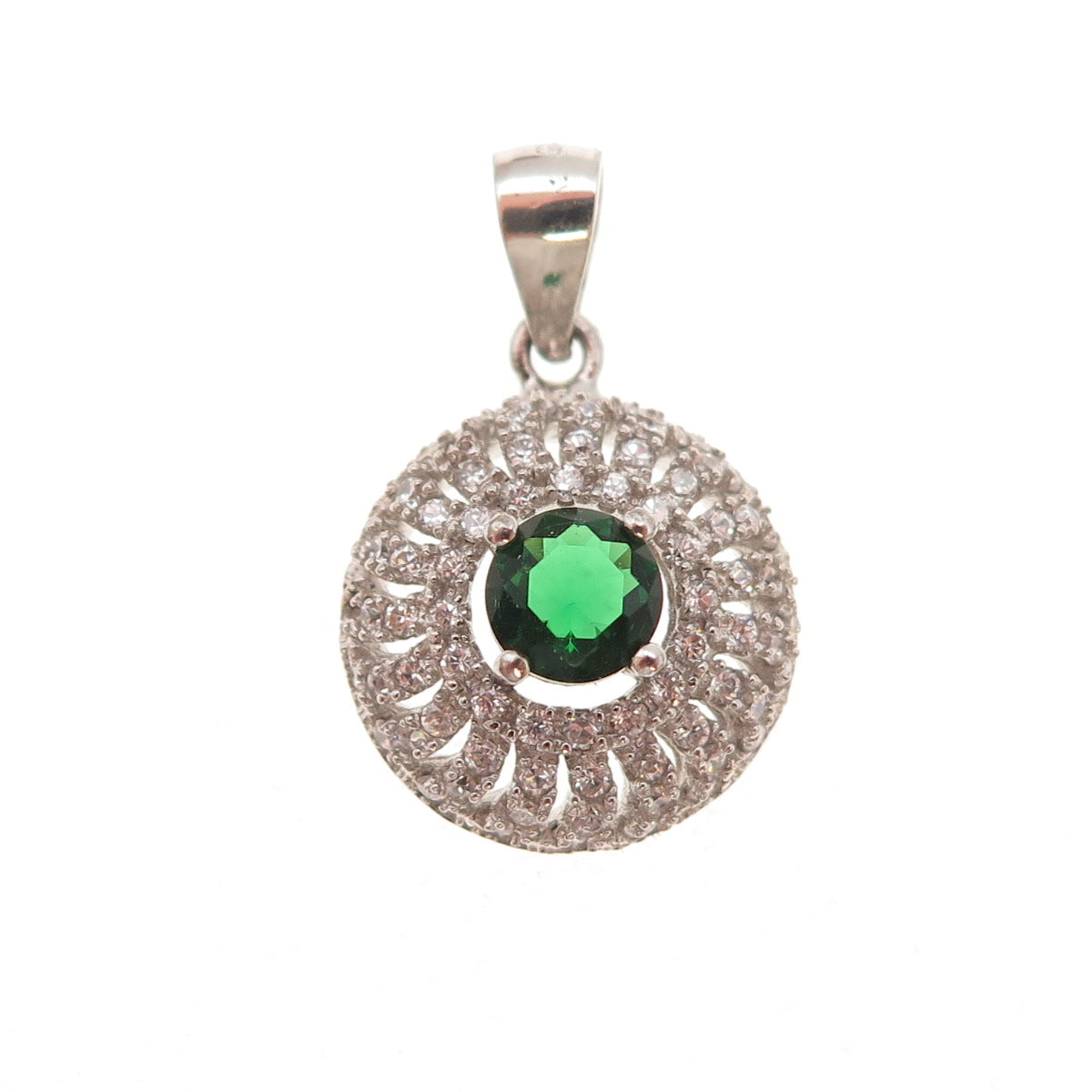 925 Sterling Silver Round-Cut Green & White C Z Charm Pendant