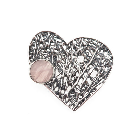925 Sterling Vintage Real Rose Quartz Modernist Heart Oxidized Slide Pendant