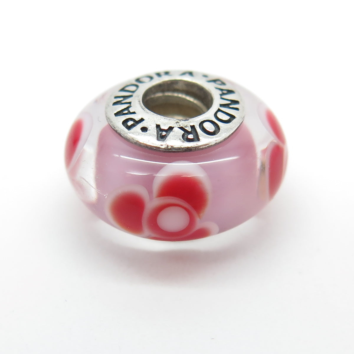 PANDORA 925 Sterling Silver Murano Glass Red Flower Bead Charm