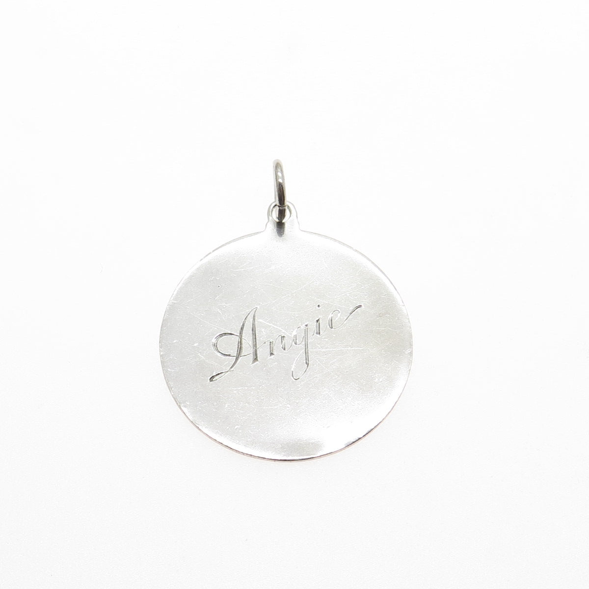925 Sterling Silver Vintage Engraved Angie Round Tag Charm Pendant