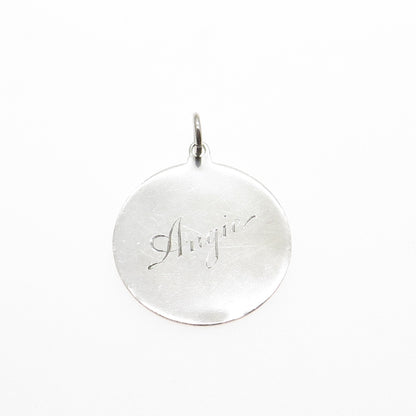 925 Sterling Silver Vintage Engraved Angie Round Tag Charm Pendant