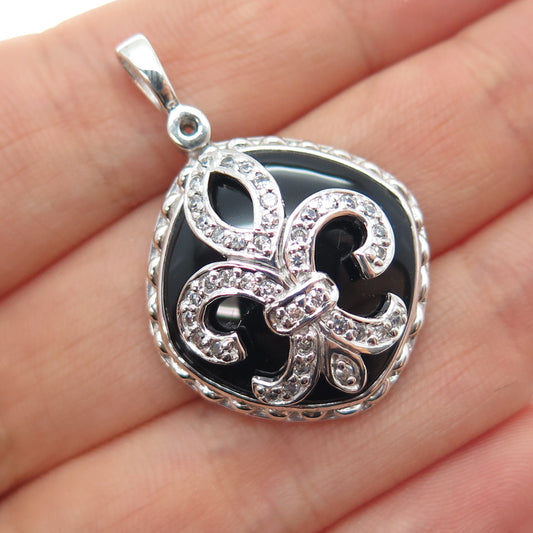 925 Sterling Silver Vintage Real Black Onyx & C Z Fleur de Lis Charm Pendant