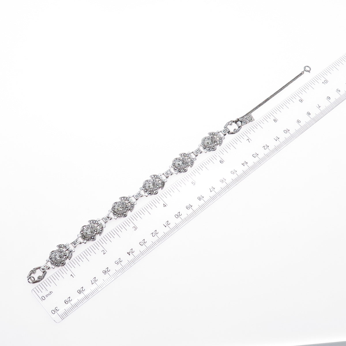 925 Sterling Silver Antique Real Marcasite Rose Bracelet 7" (missing 1 stone)
