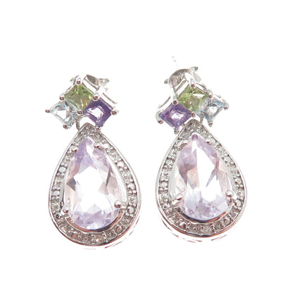 925 Sterling Silver Real Diamond Accent Blue Topaz Peridot & Amethyst Earrings