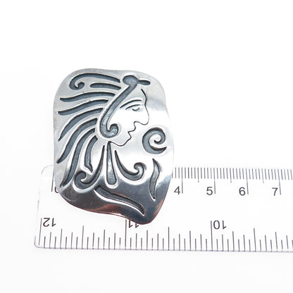 925 Sterling Silver Vintage Mexico Mayan Warrior Oxidized Tribal Pin Brooch