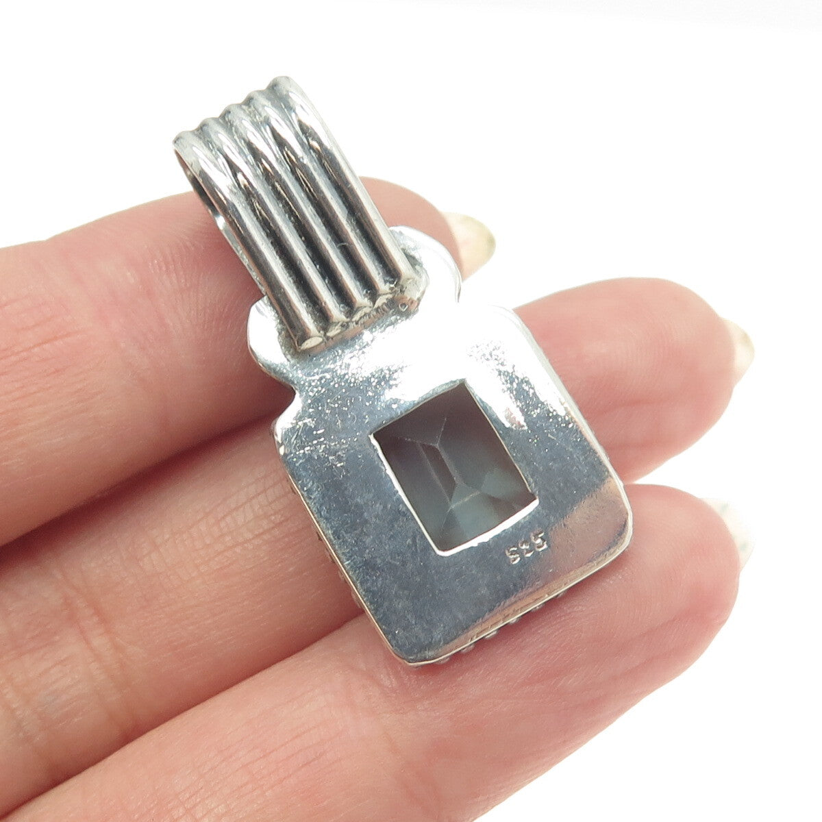 925 Sterling Silver Vintage Real Citrine & Blue Glass Granulated Pendant