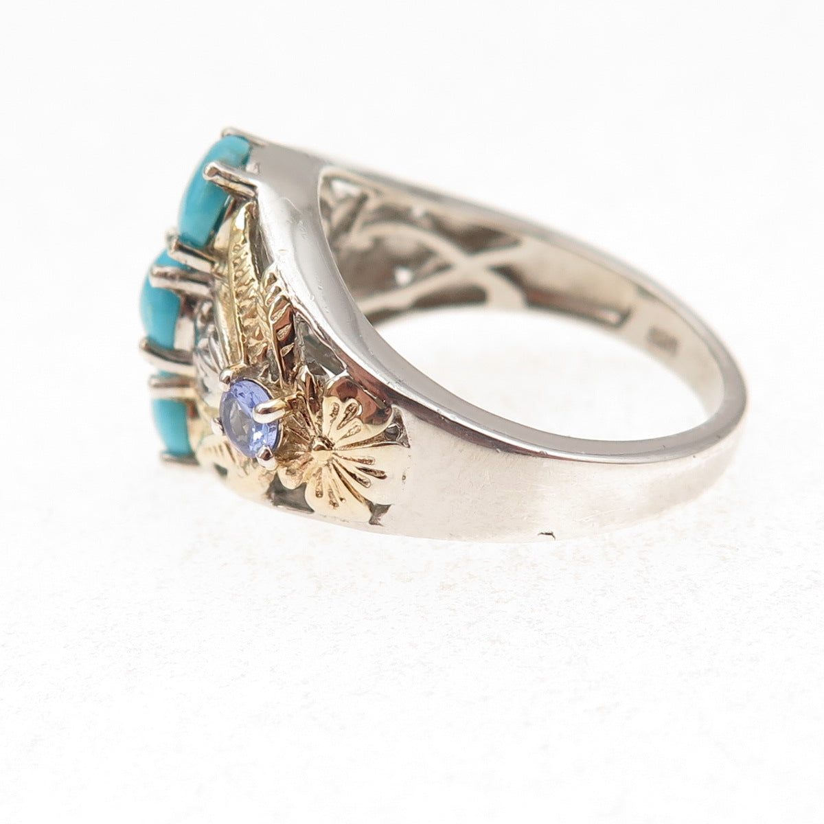 Chuck Clemency Sterling Silver 2-Tone Real Turquoise & Tanzanite Ring Size 8.25