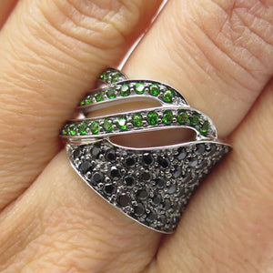 DSMK 925 Sterling Silver Chrome Diopside & Black Spinel Gem Wide Ring Size 6.25