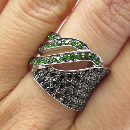DSMK 925 Sterling Silver Chrome Diopside & Black Spinel Gem Wide Ring Size 6.25