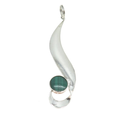 925 Sterling Silver Vintage Real Malachite Gemstone Modernist Pendant