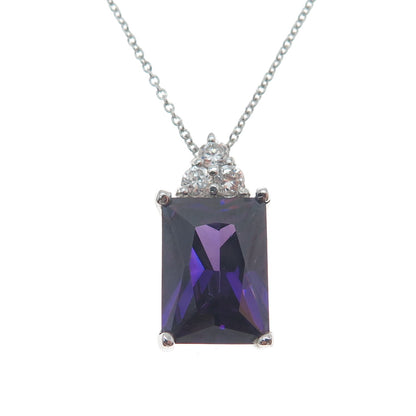 925 Sterling Silver Real Radiant-Cut Amethyst & C Z Cable Chain Necklace 16"