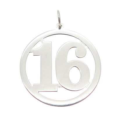 925 Sterling Silver Vintage Lucky Number "16" Round Pendant