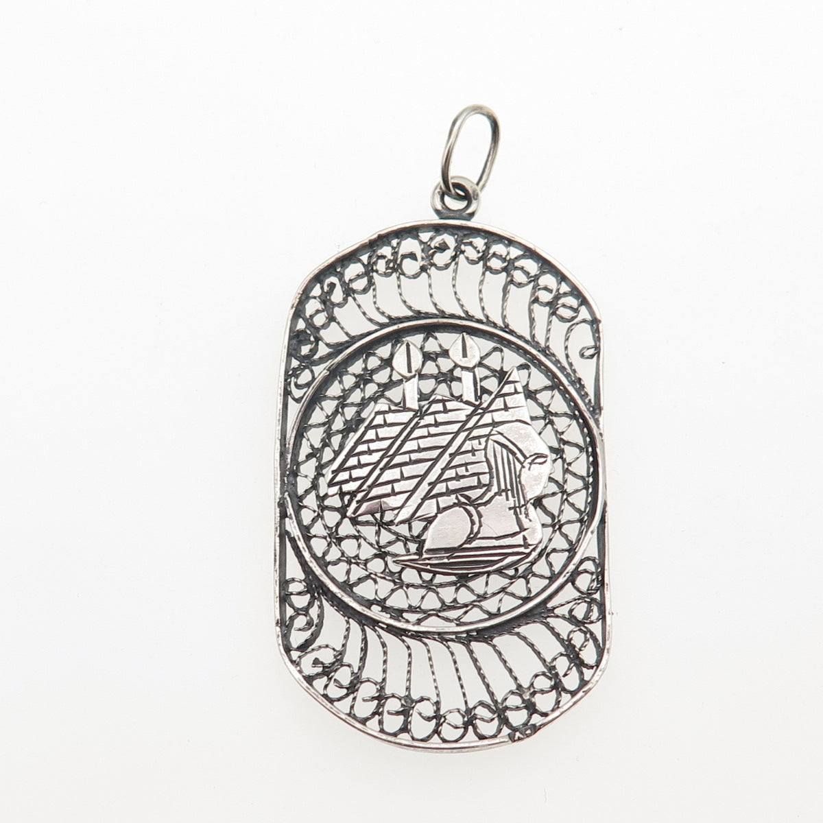 925 Sterling Silver Vintage Egyptian Pyramid Filigree Oxidized Pendant
