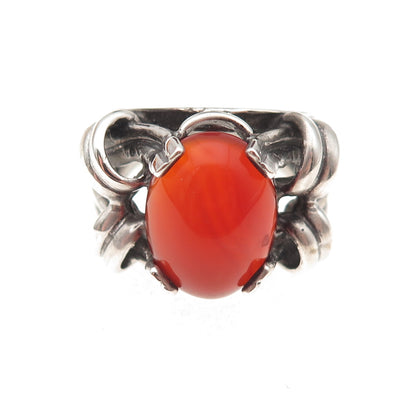 925 Sterling Silver Vintage Real Carnelian Modernist Oxidized Ring Size 9.25