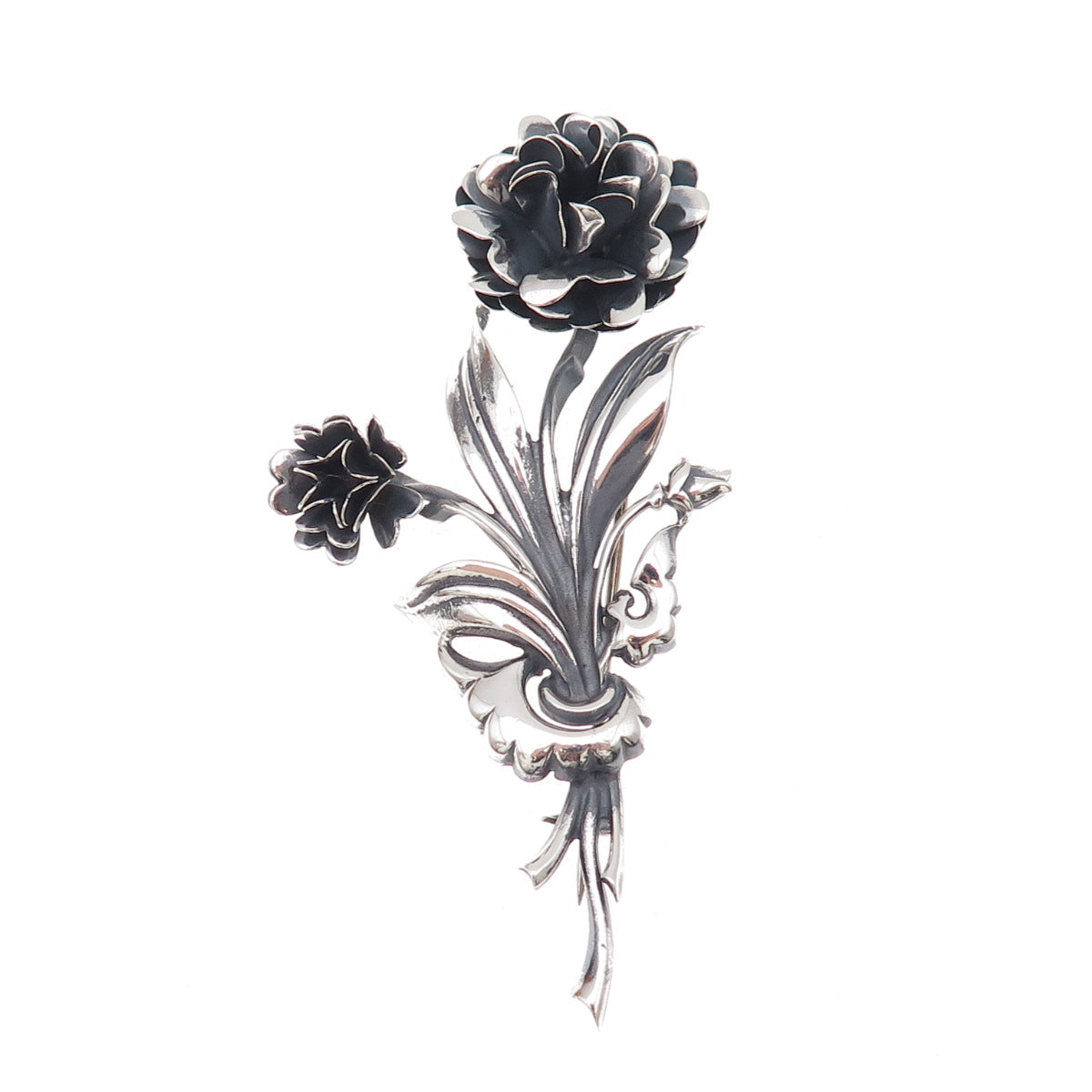 Lang 925 Sterling Silver Antique Art Deco Floral Oxidized Pin Brooch