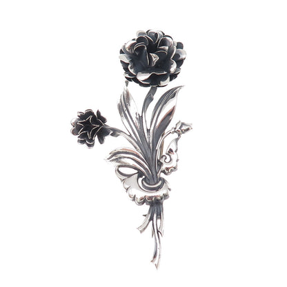 Lang 925 Sterling Silver Antique Art Deco Floral Oxidized Pin Brooch