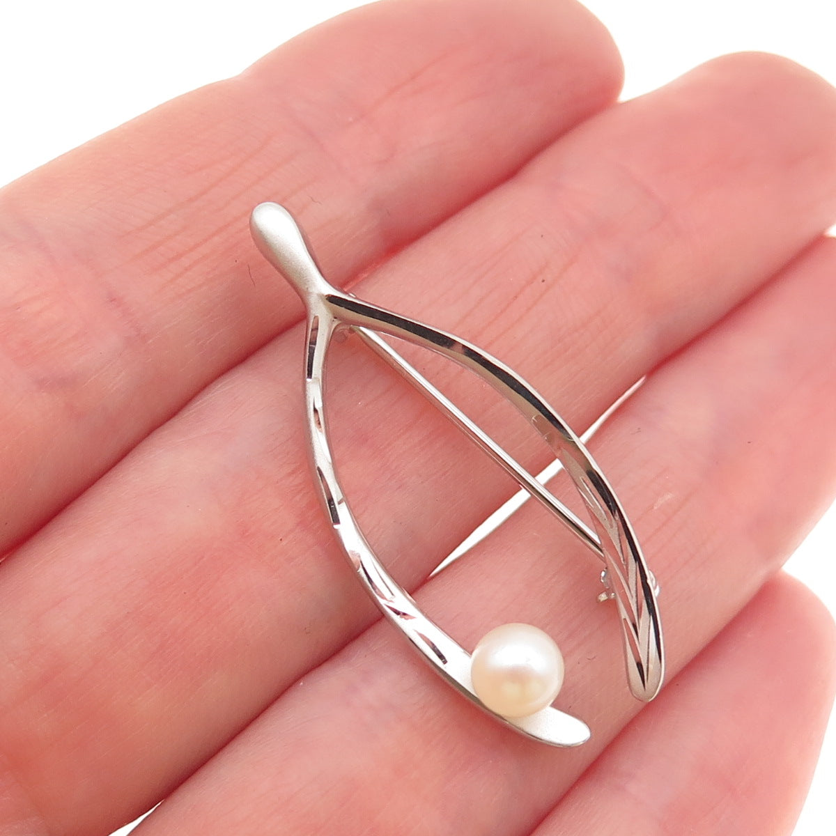 Marvel 925 Sterling Silver Antique Art Deco Real Pearl Wishbone Pin Brooch