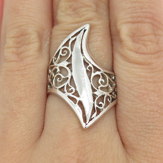 925 Sterling Silver Vintage Modernist Filigree Claw Ring Size 8