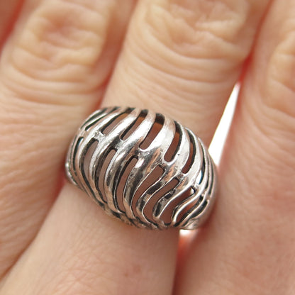 925 Sterling Silver Vintage Modernist Ribbed Dome Oxidized Ring Size 7.75