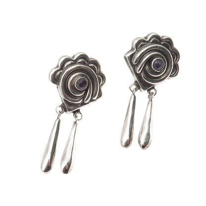 925 Sterling Vintage Mexico Real Amethyst Floral Dangle Screw Back Earrings