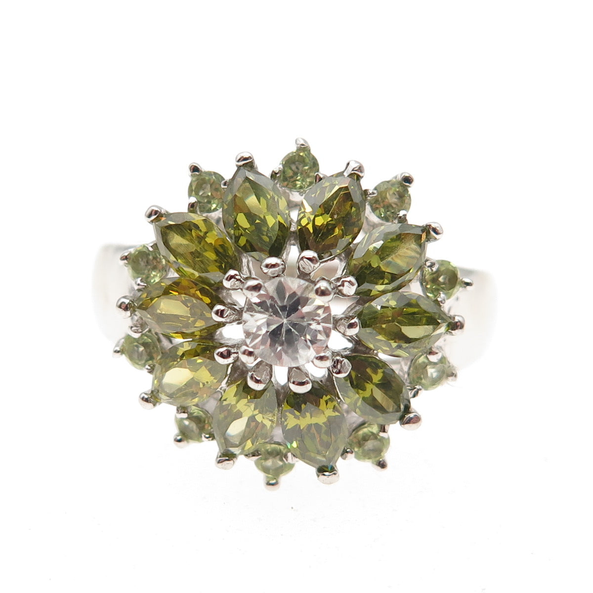 925 Sterling Silver Marquise & Round-Cut Green White C Z Ring Size 8