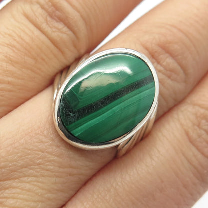 925 Sterling Silver Vintage Real Malachite Gemstone Ribbed Oval Ring Size 7.75