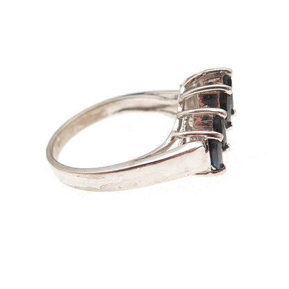 925 Sterling Silver Vintage Real Marquise-Cut Sapphire Oxidized Ring Size 8