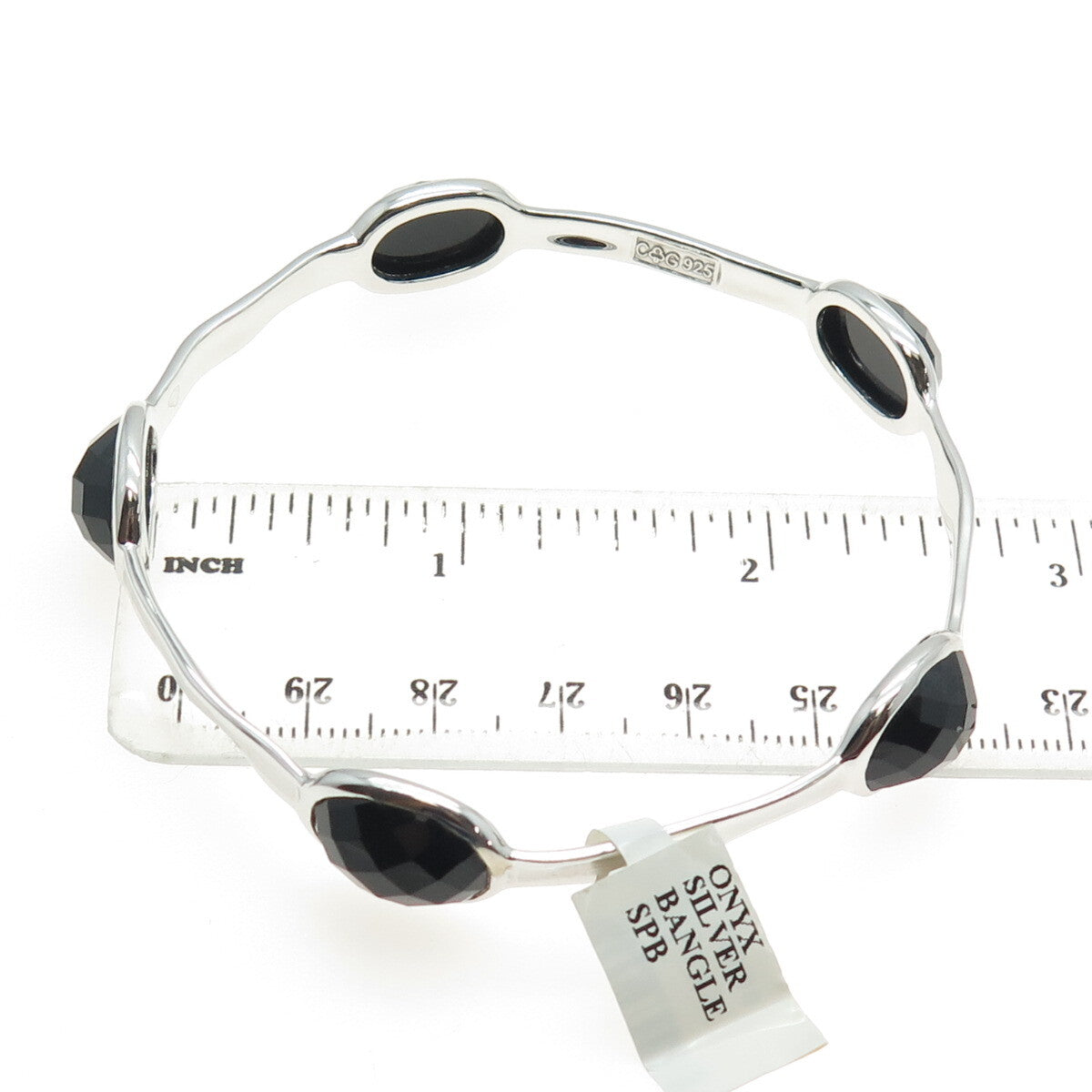 CHARLES GARNIER Sterling Silver Real Black Onyx Station Bangle Bracelet 8.25"