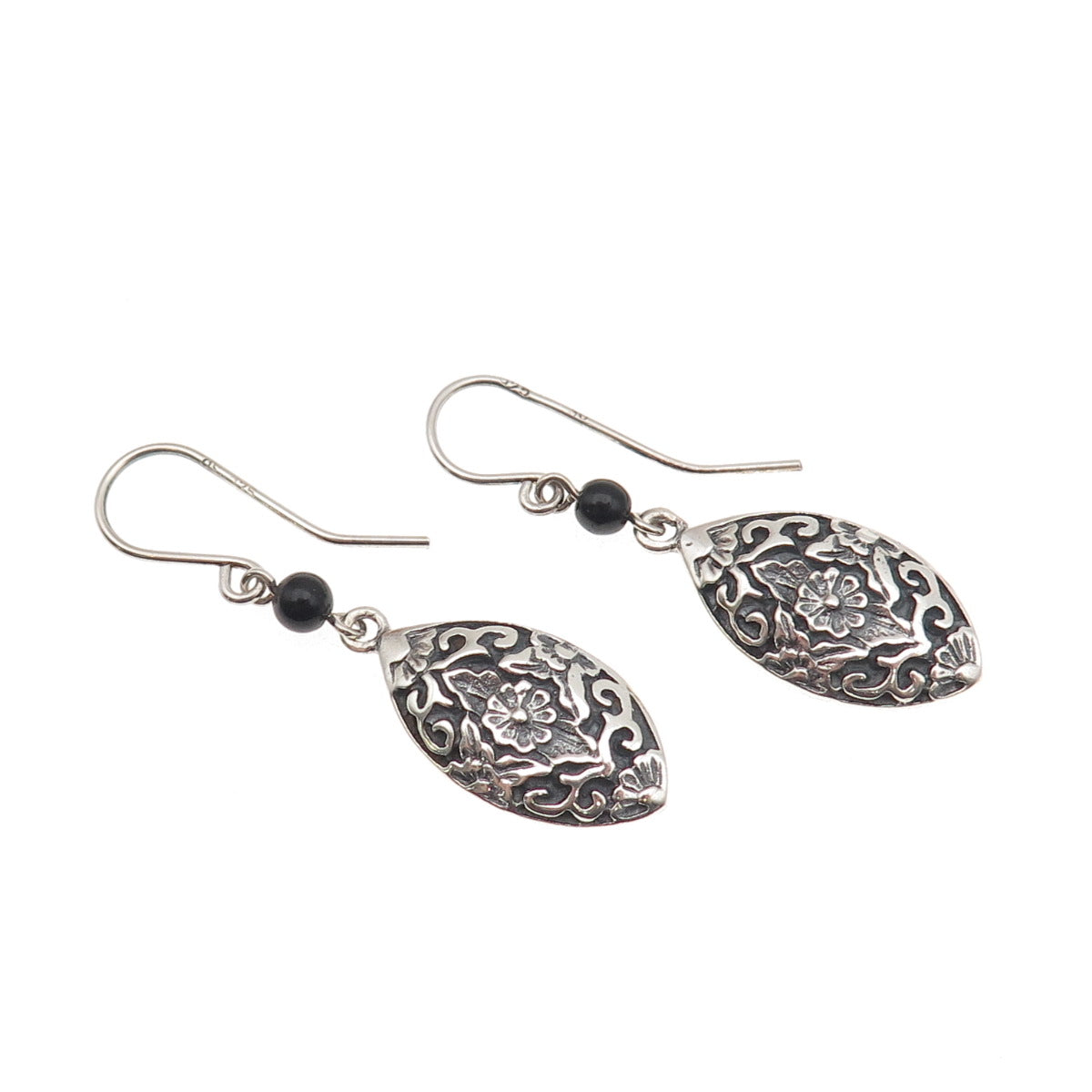 925 Sterling Silver Vintage Real Black Onyx Floral Oxidized Dangle Earrings