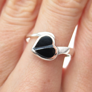 925 Sterling Silver Vintage Real Black Onyx Modernist Heart Ring Size 8