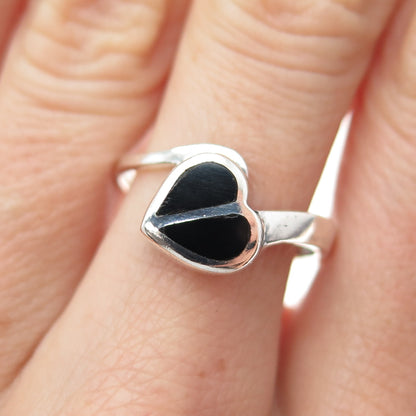 925 Sterling Silver Vintage Real Black Onyx Modernist Heart Ring Size 8