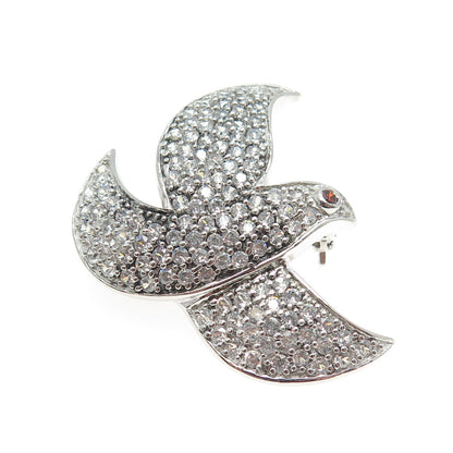 925 Sterling Silver Real Red Garnet Gemstone & C Z Dove of Peace Pin Brooch