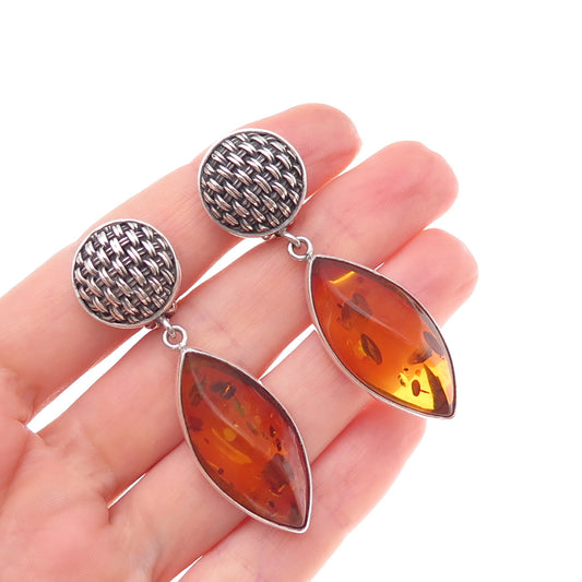 Lori Bonn 925 Sterling Silver Vintage Real Amber Modernist Clip On Earrings