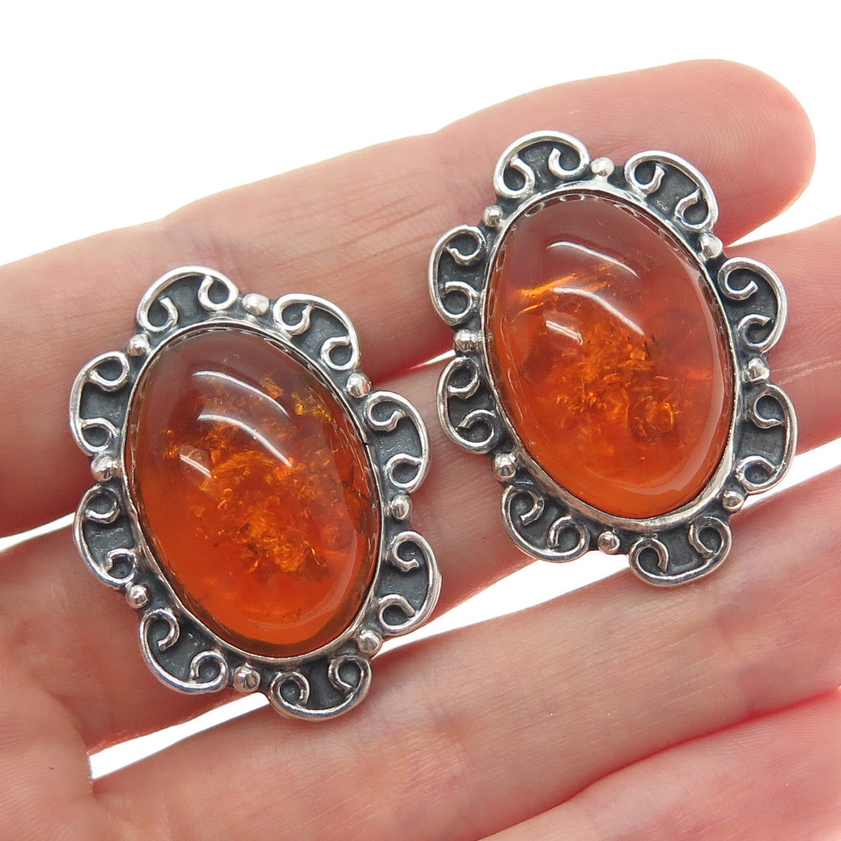 925 Sterling Silver Vintage Mexico Real Amber Flower Oxidized Clip On Earrings