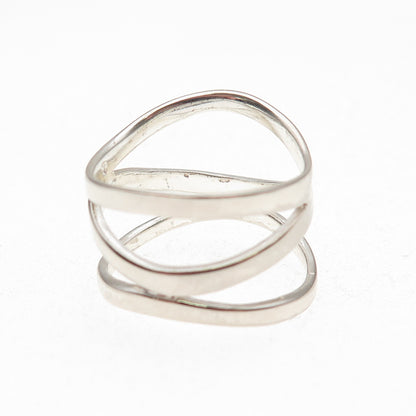 925 Sterling Silver Vintage Modernist Wavy 3-Row Ring Size 9.25