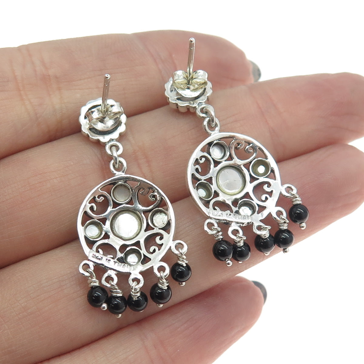 925 Sterling Silver Vintage Real Mother-of-Pearl & Black Onyx Dangling Earrings