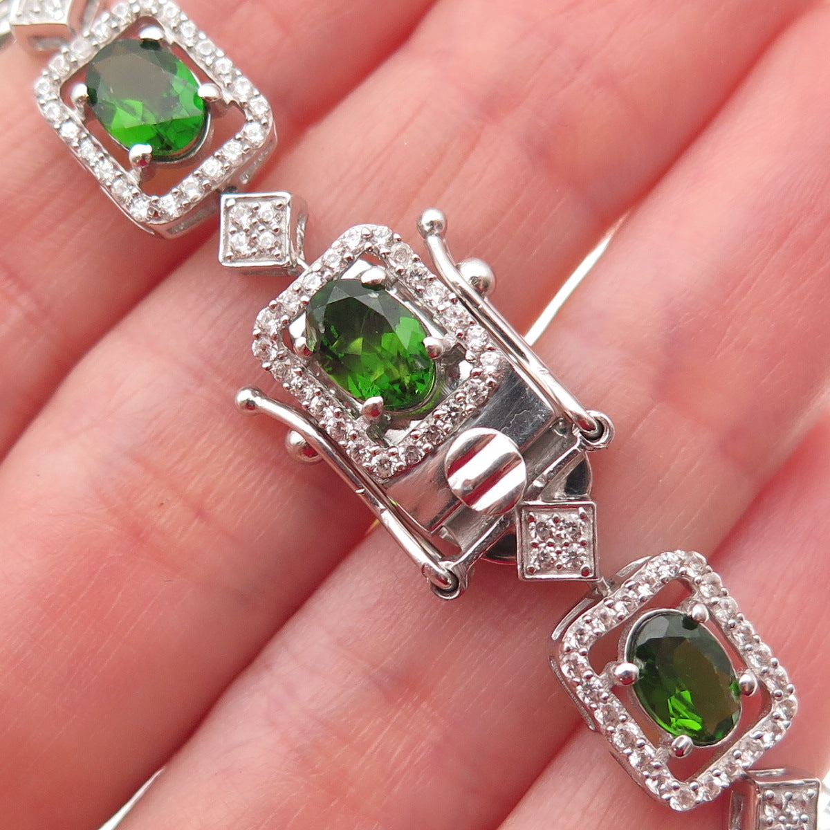 925 Sterling Silver Real Chrome Diopside & White Topaz Bracelet 7.5"