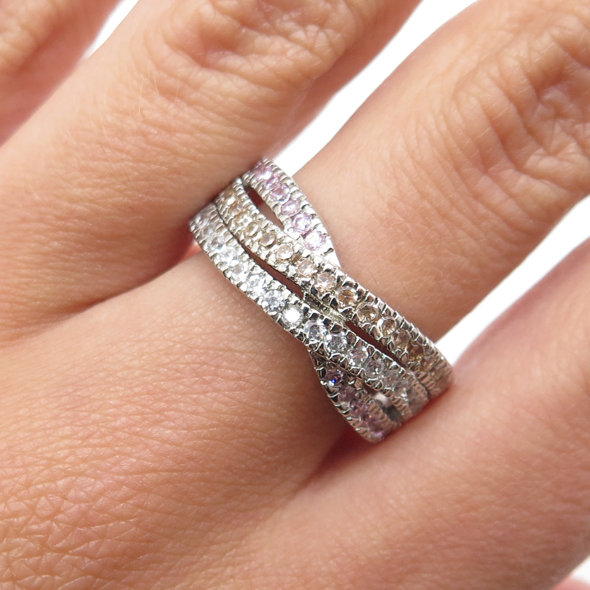 925 Sterling Round-Cut Lavender Champagne & White C Z Crisscross Ring Size 7