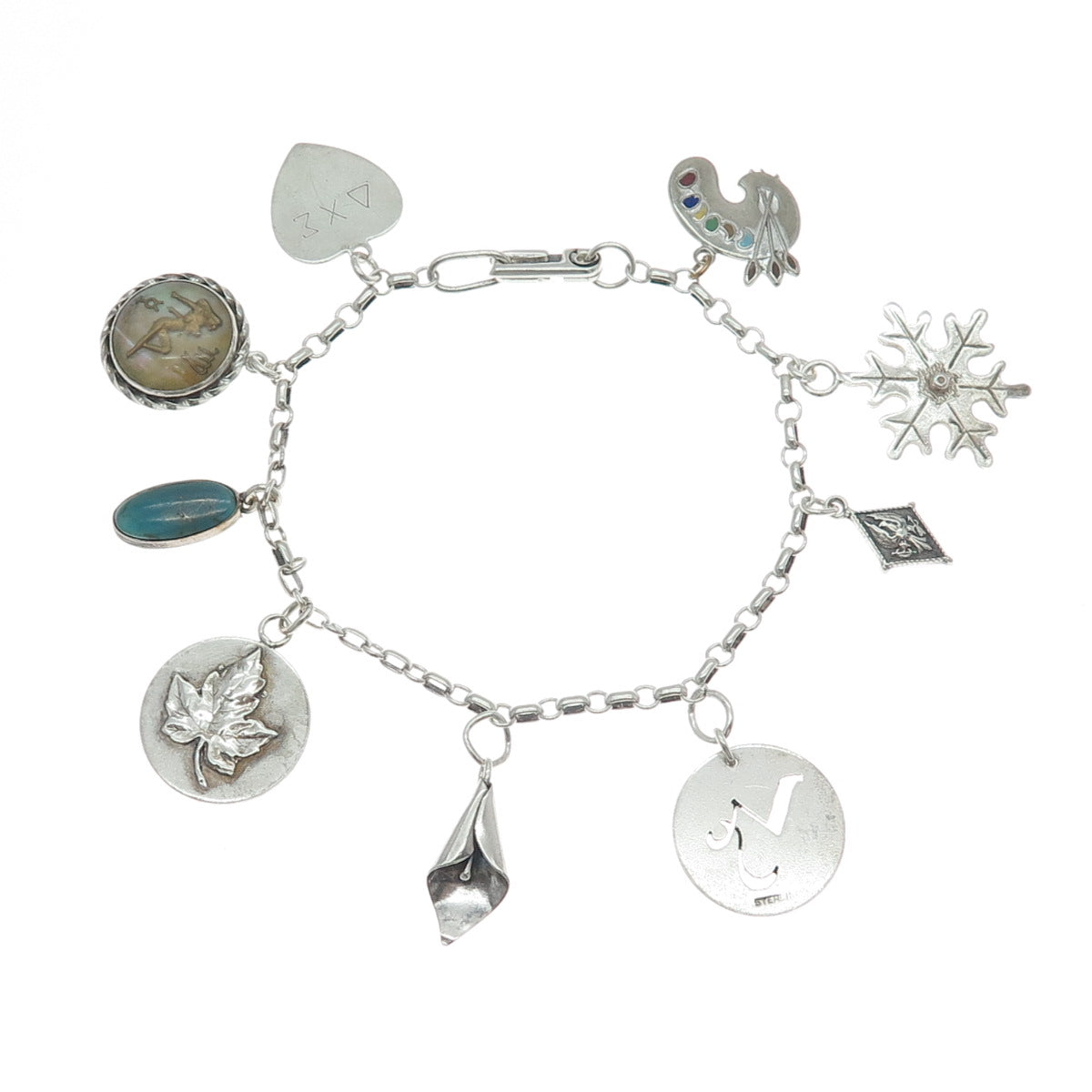 COLEMAN & S. NYE Sterling Antique Enamel Turquoise Multi-Charm Bracelet 7.25"