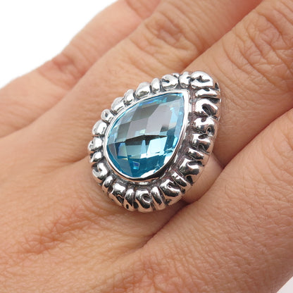 925 Sterling Silver Vintage Pear-Cut Blue C Z Teardrop Oxidized Ring Size 7