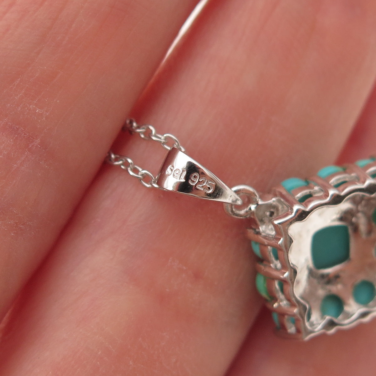 925 Sterling Silver Real Turquoise & White Topaz Cable Chain Necklace 18"