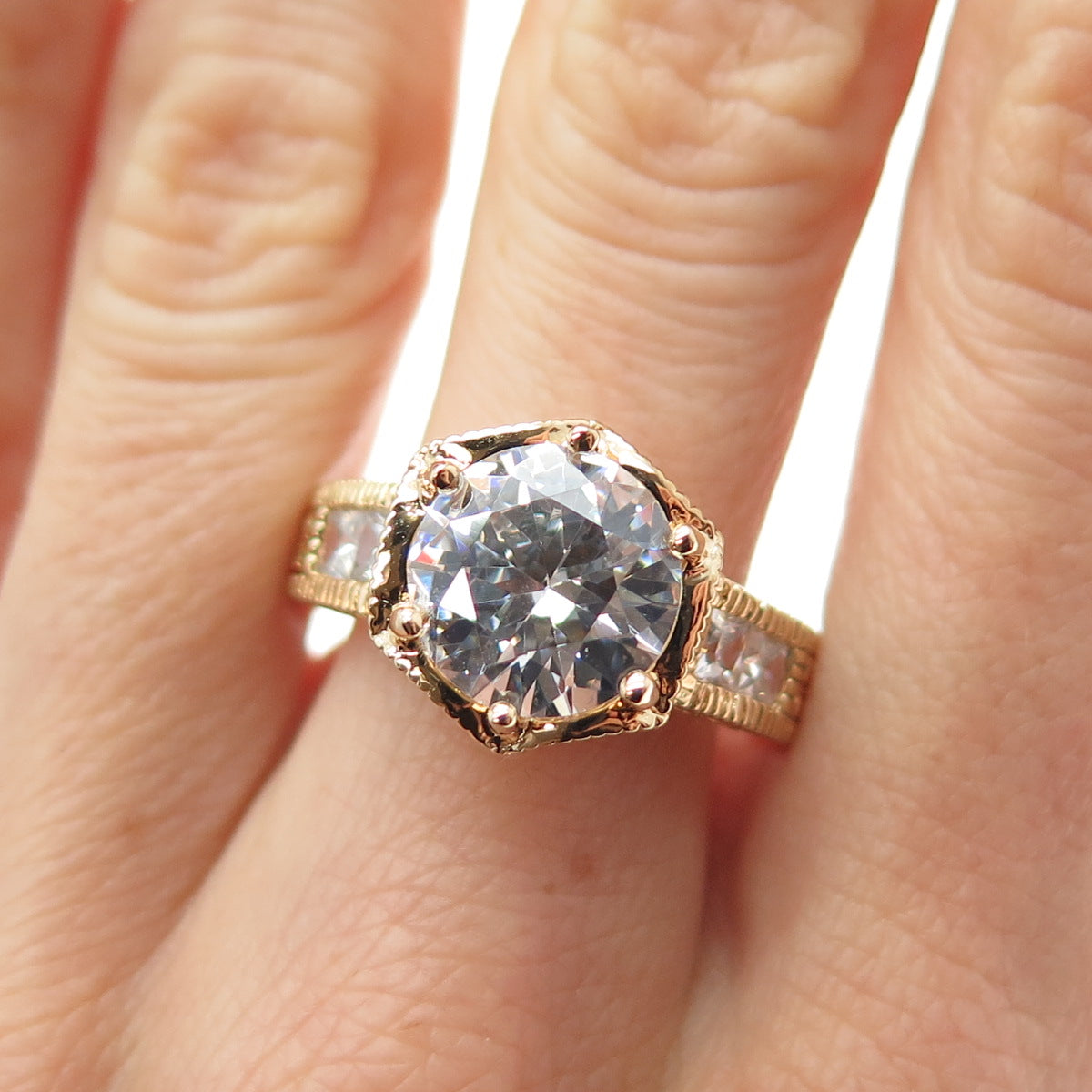 925 Sterling Gold Plated Round & Princess-Cut C Z Engagement Ring Size 10.25