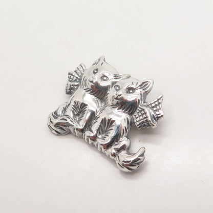 925 Sterling Silver Vintage Couple of Cats Pin Brooch