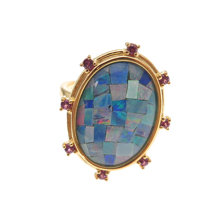 Dasan 925 Sterling Silver Gold Plated Real Opal & Amethyst Mosaic Ring Size 6